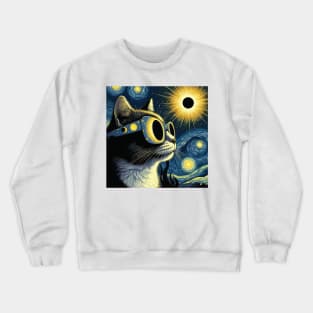 Starry night cat wearing sunglasses during eclipse Crewneck Sweatshirt